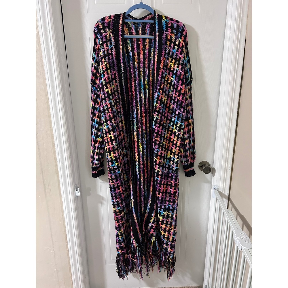Multicolor Rainbow Knit Duster Cardigan XXL Fringe Longline Open Front Sweater